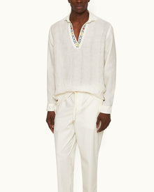 Ridley White Sand Relaxed Fit Overhead Embroidered Yoke Linen Shirt | White Sand