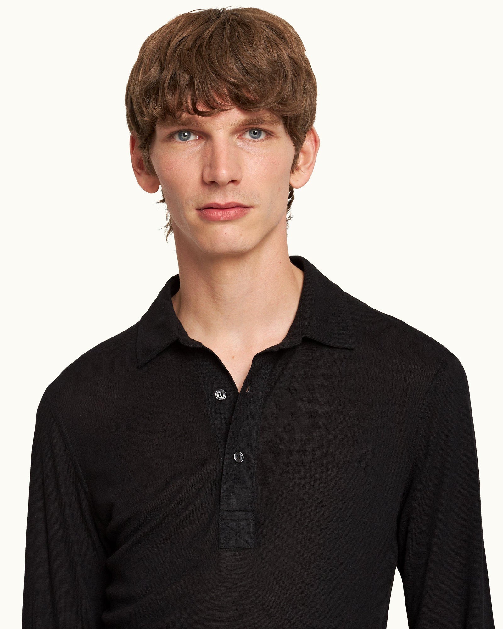 Sebastian Cashmere Black Tailored Fit Long-Sleeve Cashmere Polo Shirt | Black