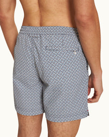 Standard Geo Print Mid-Length Drawcord Swim Shorts in Springfield Blue/White Sand colour | Springfield Blue/White Sand
