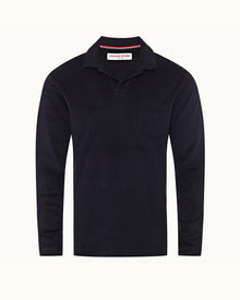 Terry Towelling Night Iris O.B Stripe Tailored Fit Long-Sleeve Towelling Resort Polo Shirt | Night Iris
