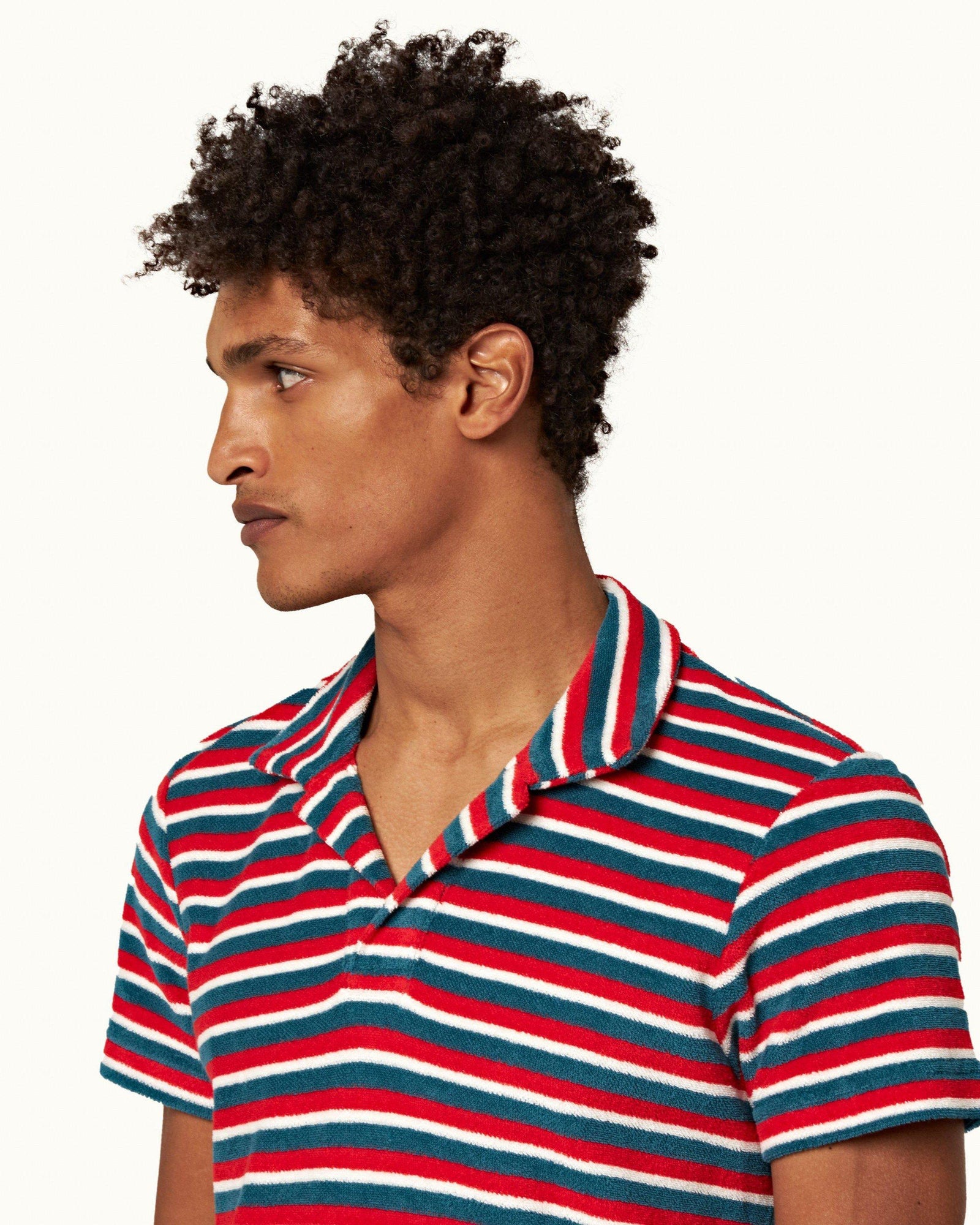 Terry Towelling Summer Red/Marina Aqua O.B Stripe Resort Polo Shirt | Summer Red/Marina Aqua