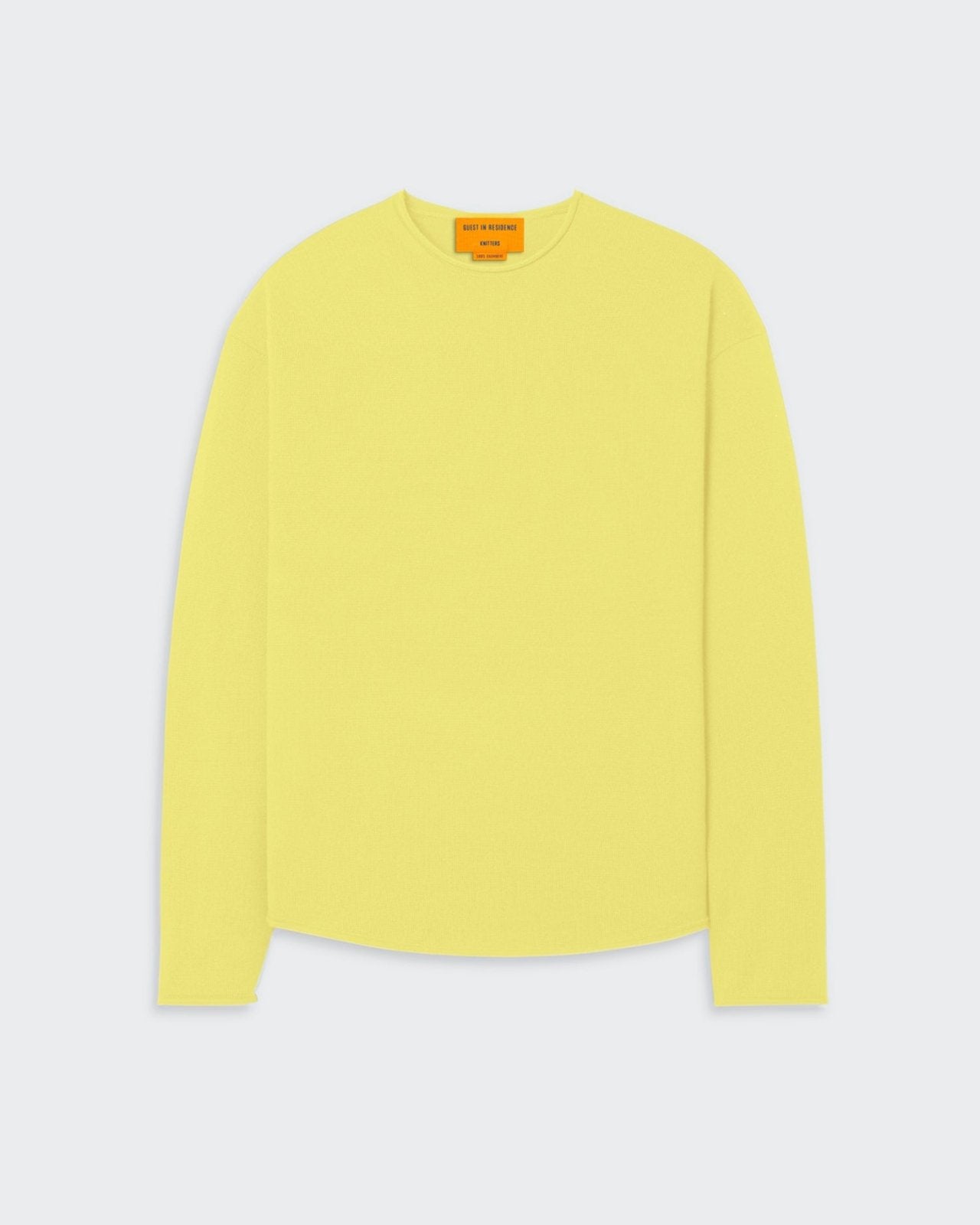 Oversized Crew - Lemon lightweight cashmere crew neck sweater with dropped shoulder and shirttail curved hem.
