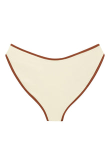 Oat-colored bikini bottom with terracotta-brown binding trim along the neckline and sides.