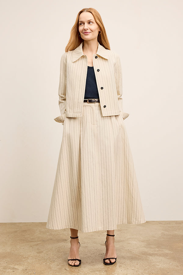 front image of a woman wearing the nicky jacket in linen stripe | Exclude | Grid Hover