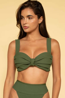 Olive green bikini top with square neckline, textured fabric, and center bow detail with thin shoulder straps.