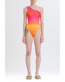 One Shoulder Ruffle One Piece | Pink Combo