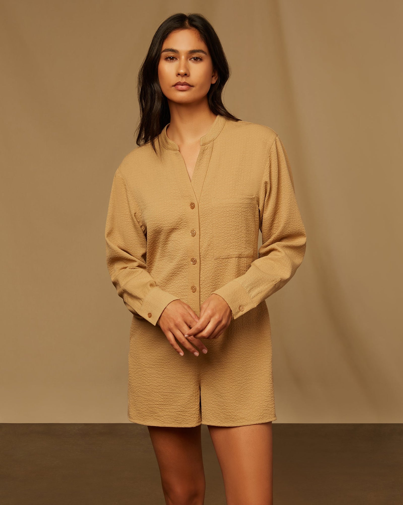 Womens | Crinkle Button Down Romper | Tan