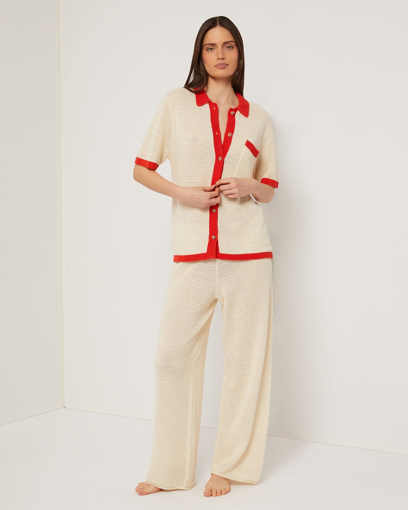 Womens | Oversized Linen Knit Button Up Shirt | Cream/Poinciana