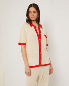 Womens | Oversized Linen Knit Button Up Shirt | Cream/Poinciana