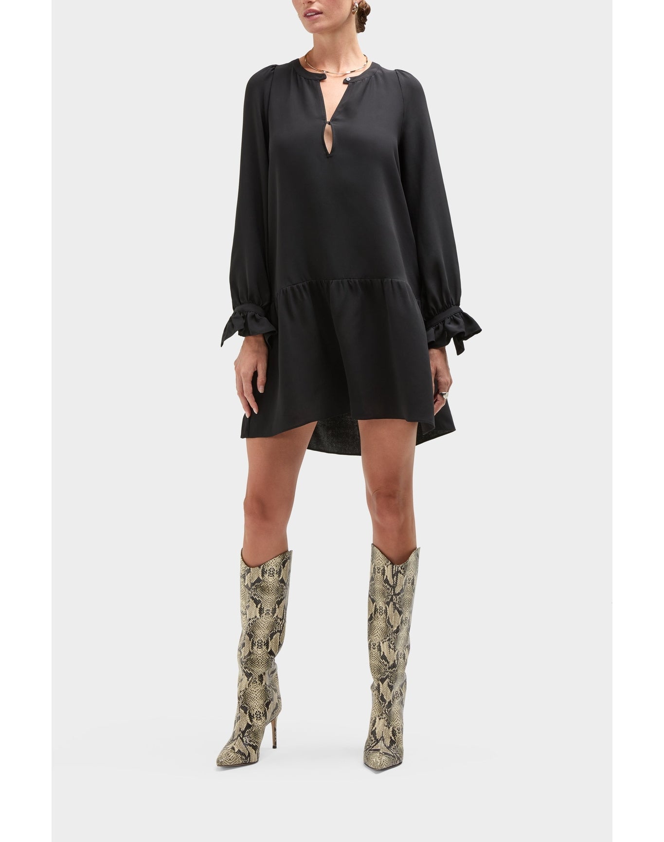 Onyx Silk Flounce Babydoll Dress | Black