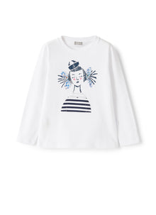 Long-Sleeve T-Shirt with Print of Little Girl | White/Blue