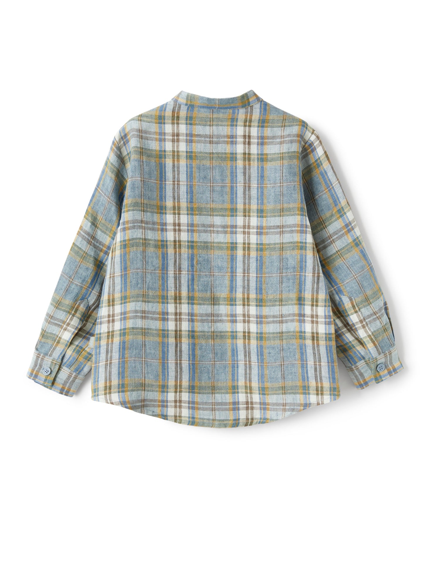 Mandarin-Collar Shirt in Madras-Patterned Linen  | Powder Blue