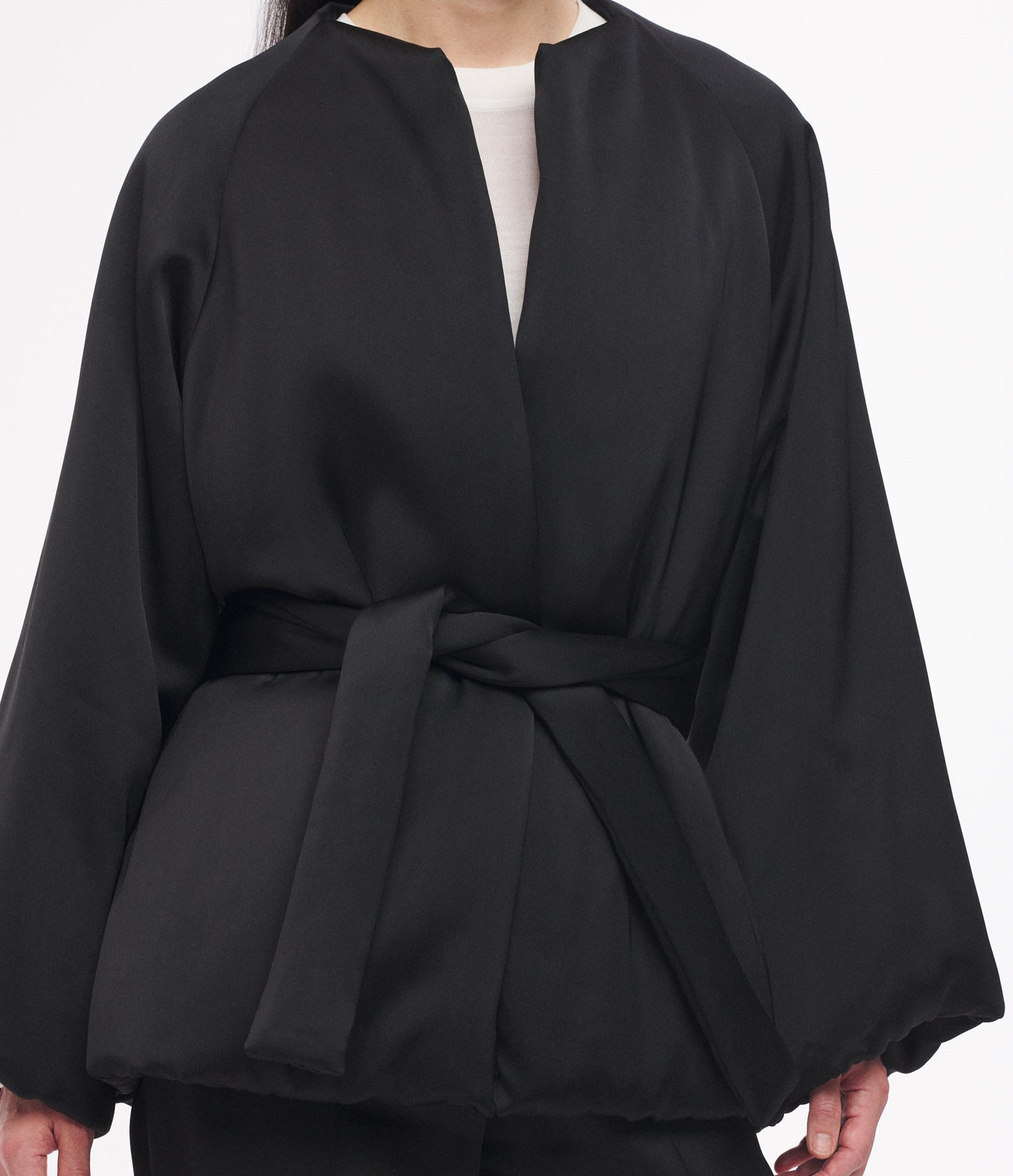 Another Tomorrow Padded Wrap Coat in Black – Satin Women's Outerwear