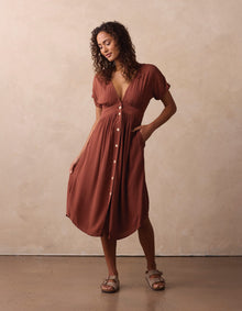 Women | Deep V Button Thru Dress | Clay