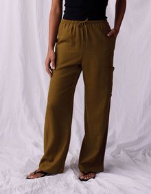 Women | Leukos Linen-Blend Drawcord Pant | Tobacco
