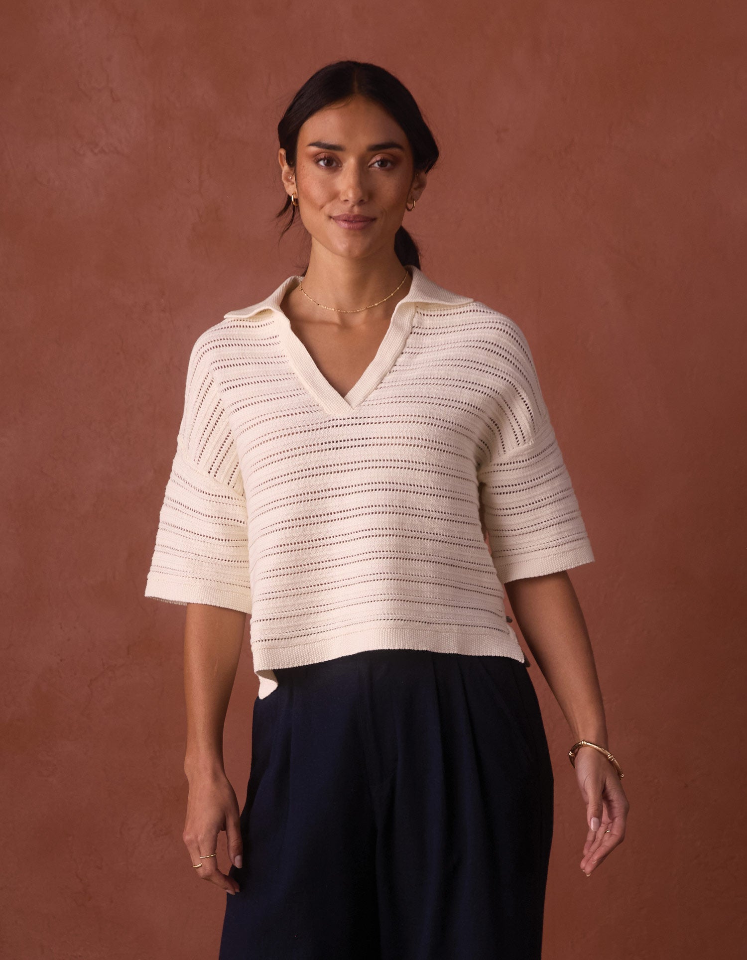 Women | Emma Openwork Short Sleeve Polo | Cream