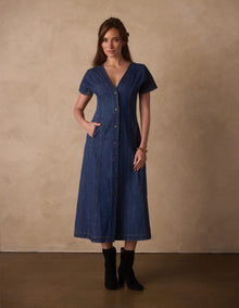 Women | Denim Seamed Midi Dress | Medium Wash
