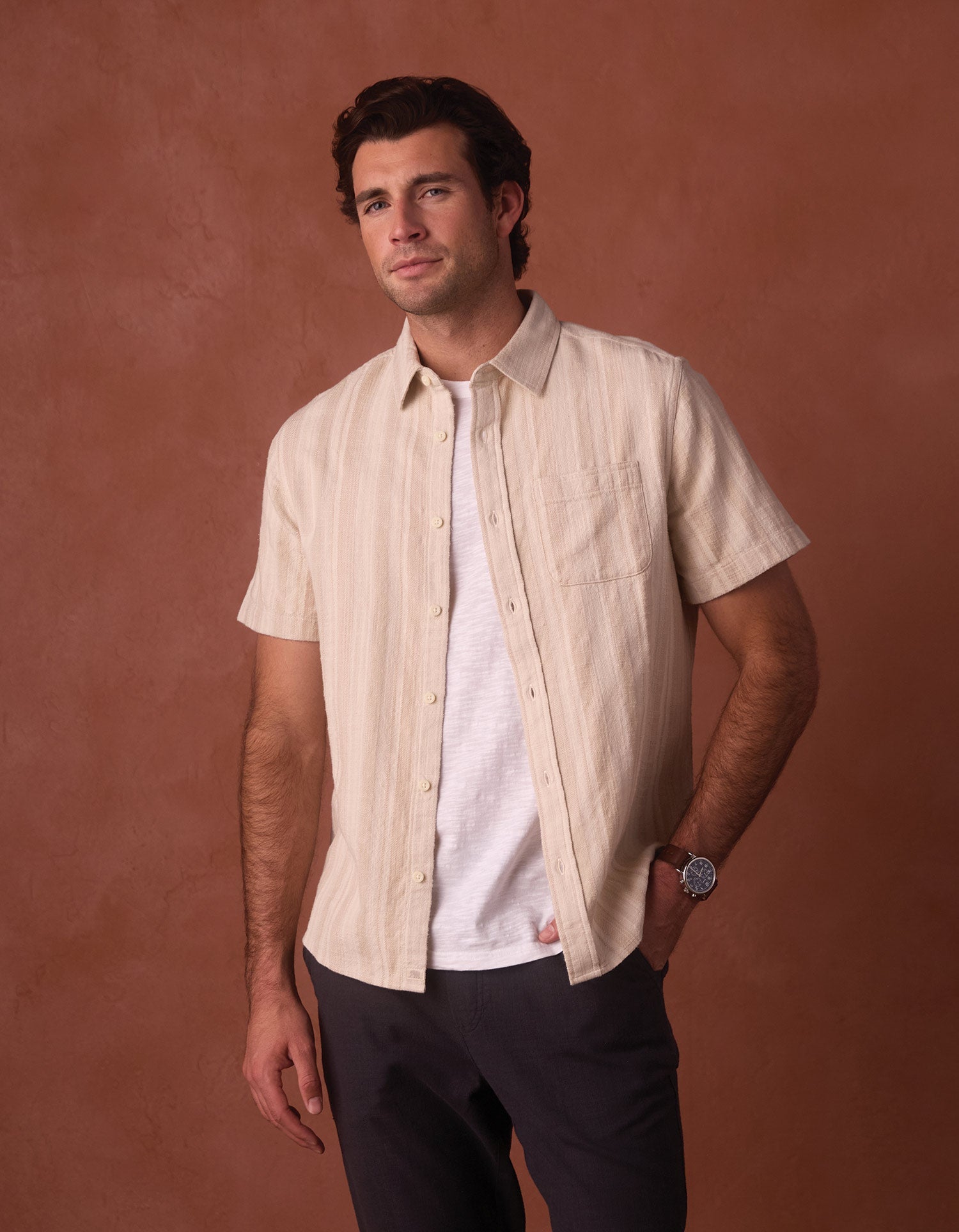 Men | Freshwater Short Sleeve Button Up Shirt | Sandstone Stripe