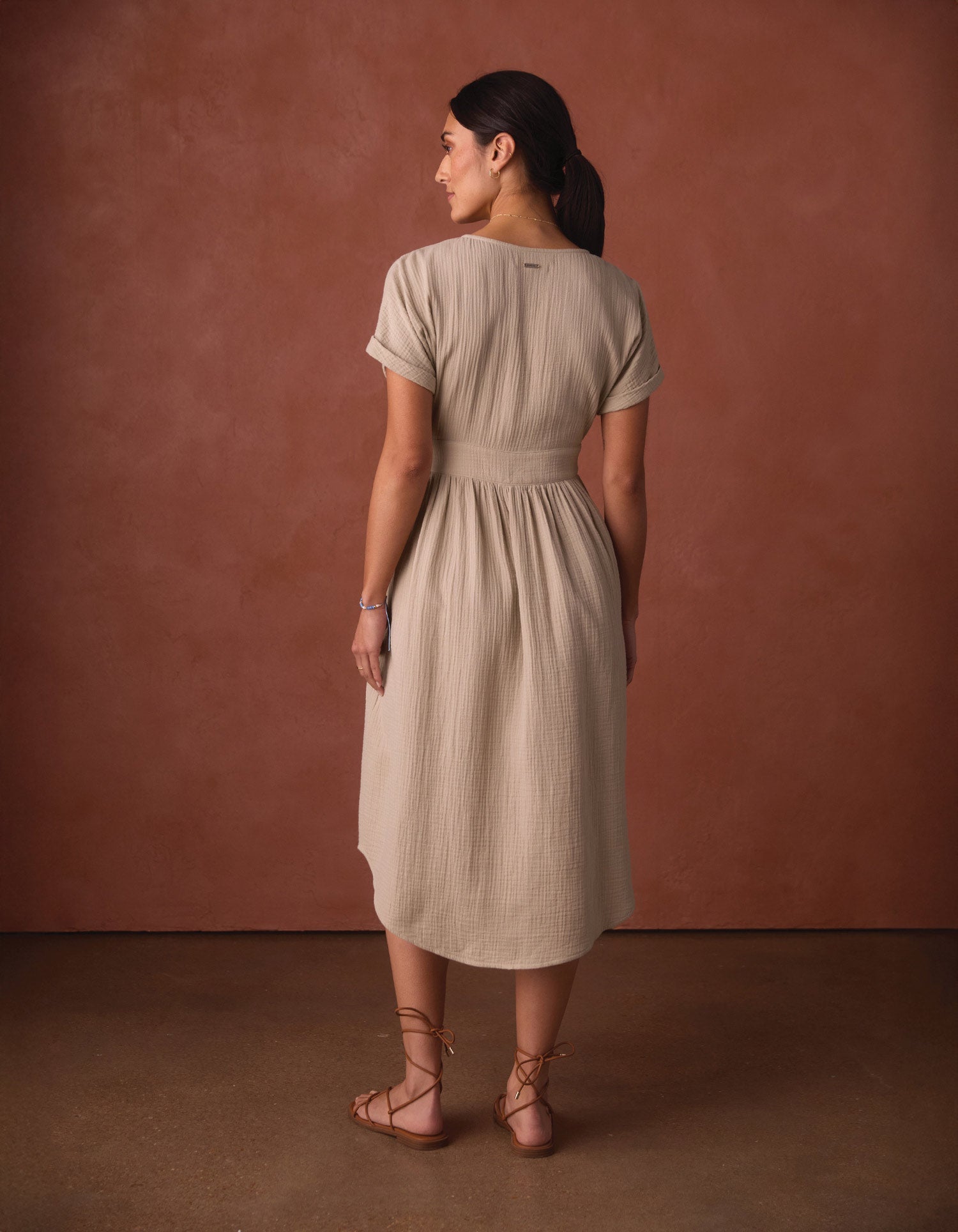 Women | Kalo Gauze Deep V Button Thru Dress | Pumice