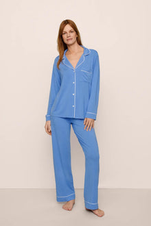 Model is wearing Gisele TENCEL Modal Long PJ Set in CornflowerBlue/White