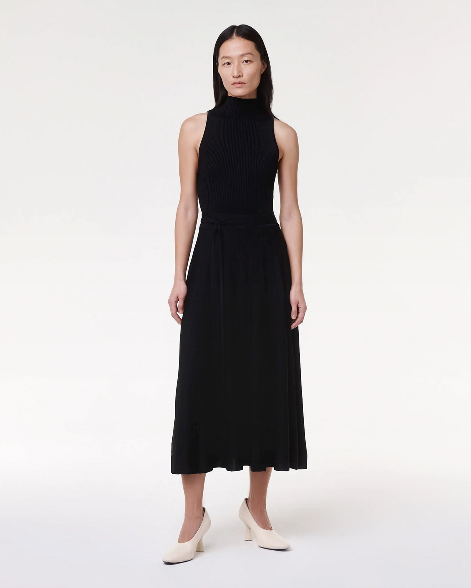 Another Tomorrow Pleated Mock Neck Dress in Black – Viscose Women's Dress
