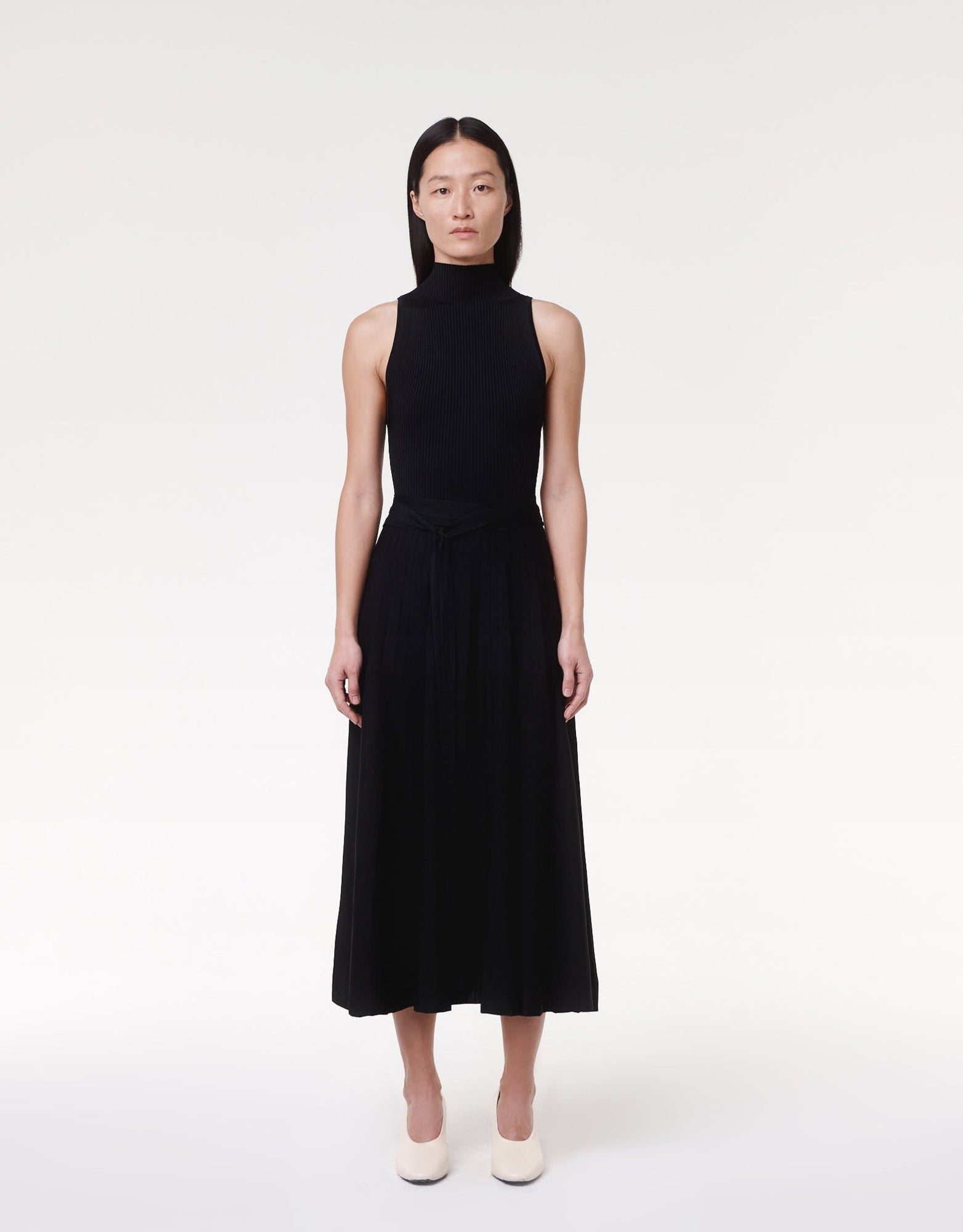 Another Tomorrow Pleated Mock Neck Dress in Black – Viscose Women's Dress