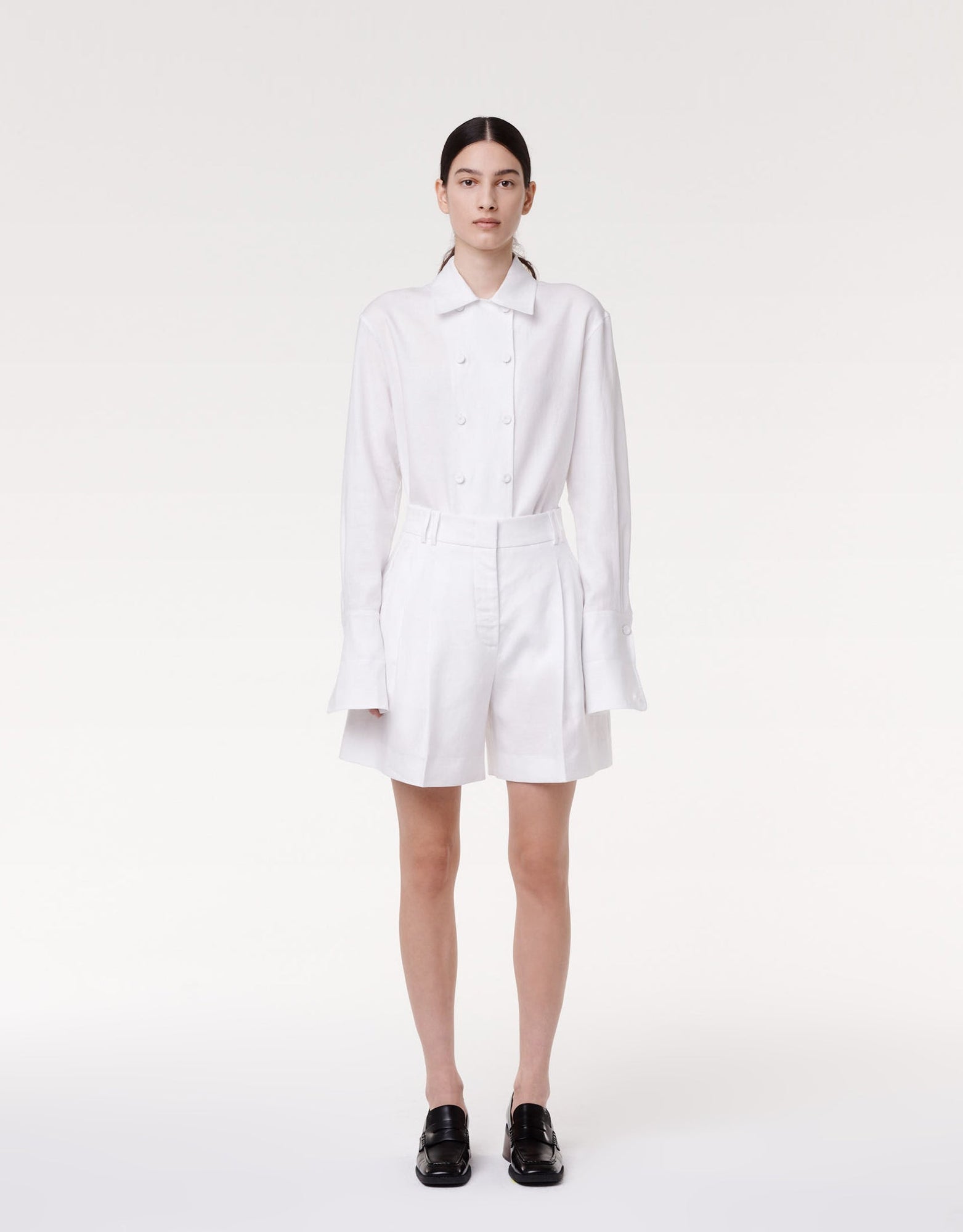 Another Tomorrow Pleated Shorts in White – Linen Women's Trousers