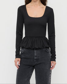 Posie Peplum Top in black jersey material and Winona Denim Barrel Pants in washed black with crystal accents.