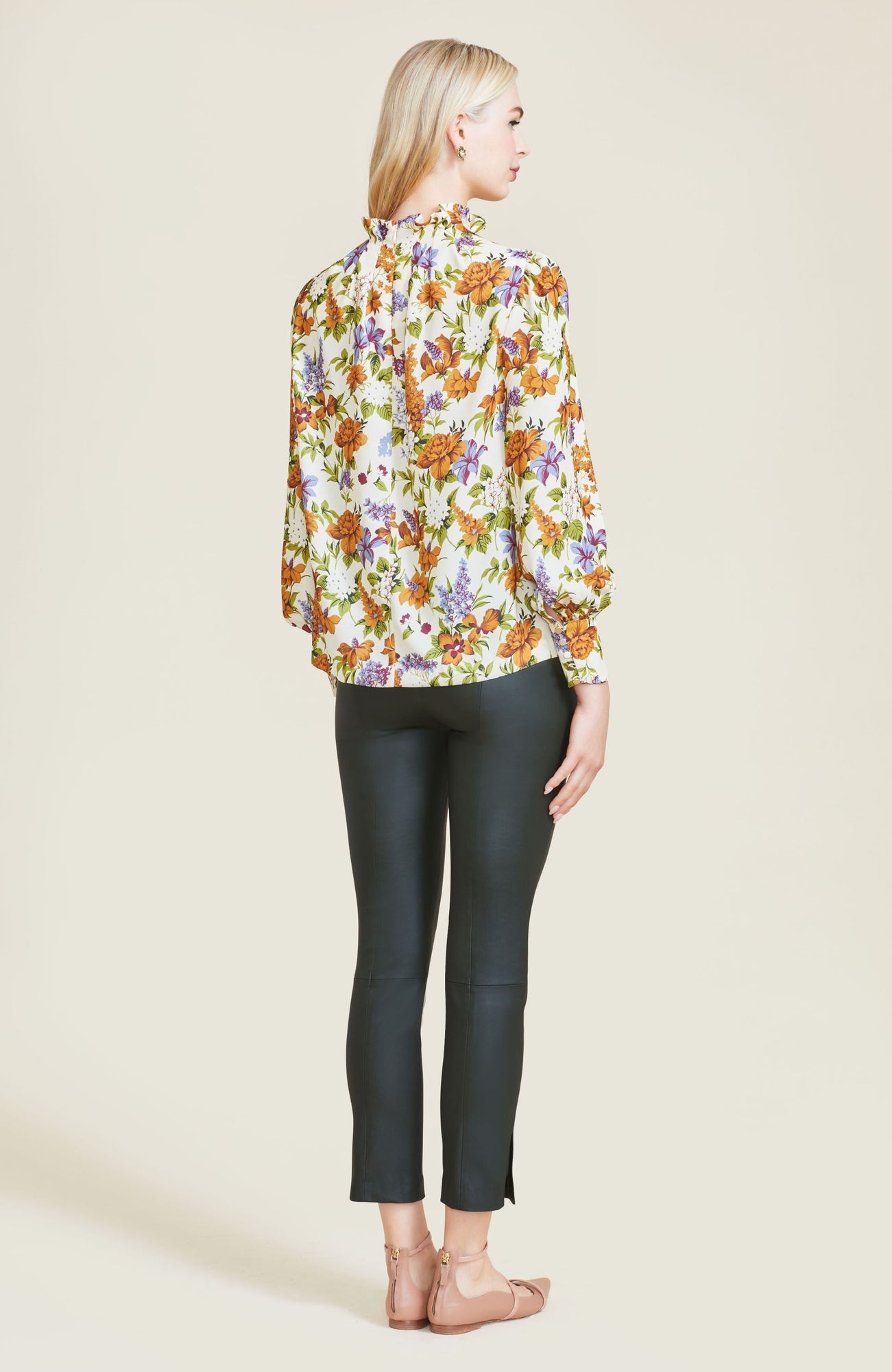 Floral Printed Crepe Pleated Neck Top | Ginger Multi