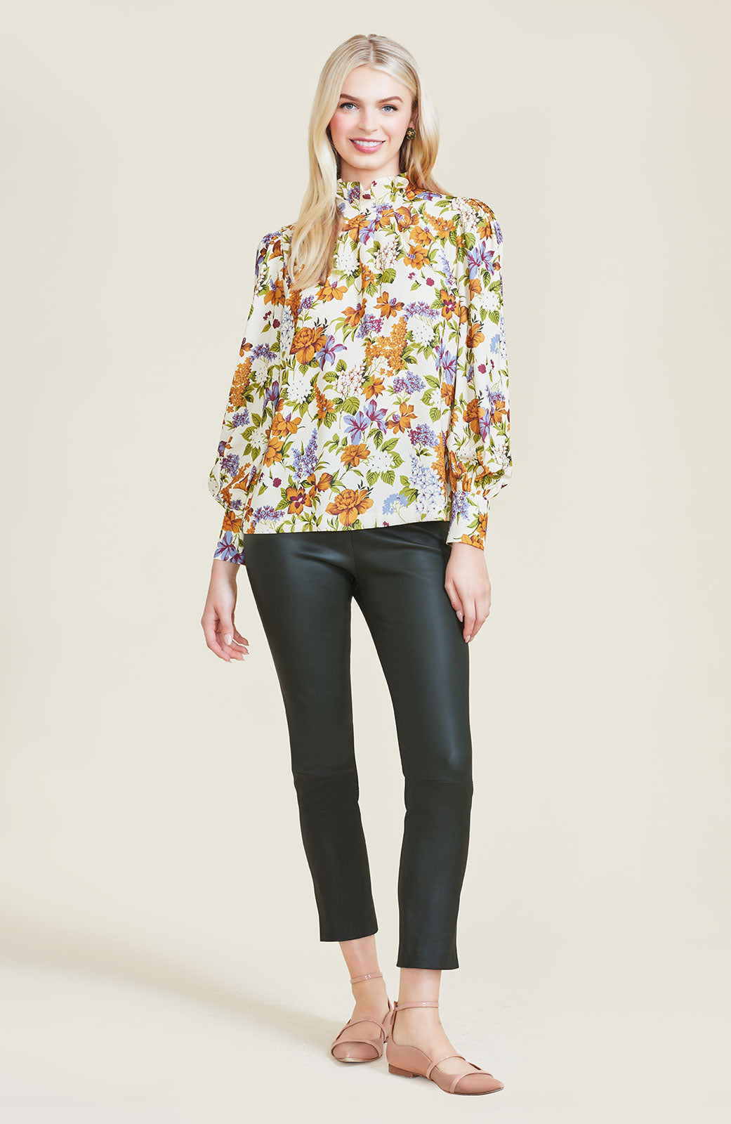 Floral Printed Crepe Pleated Neck Top | Ginger Multi