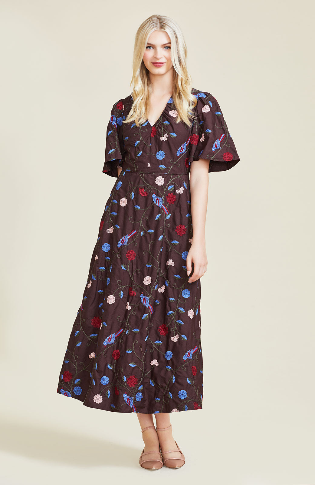 Embroidered Cotton Midi Dress | Chestnut Multi