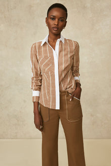 Plaid Cotton Contrast Detail Shirt | Camel Multi