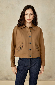 Cotton Twill Leather Trim Jacket | Camel