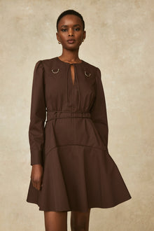 Coated Poplin Tie Detail Dress | Chocolate