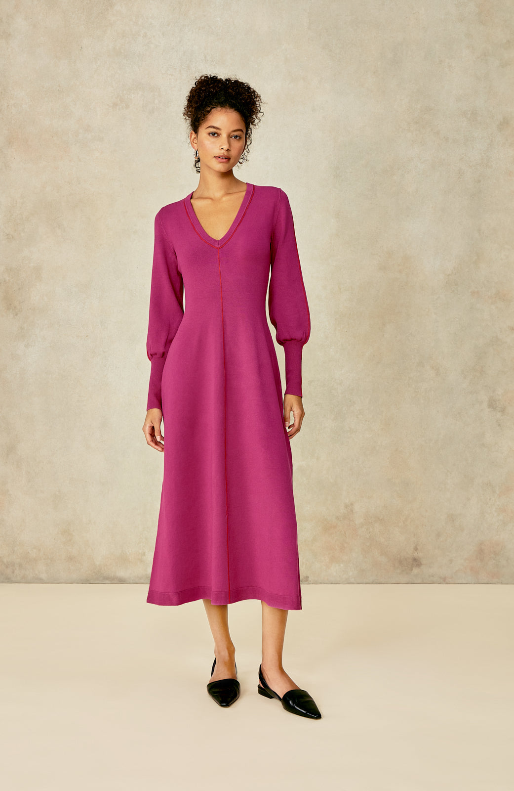 Tipped Knit Midi Dress | Fuchsia