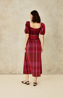 Stretch Plaid Smocked Midi Dress | Fuchsia Multi