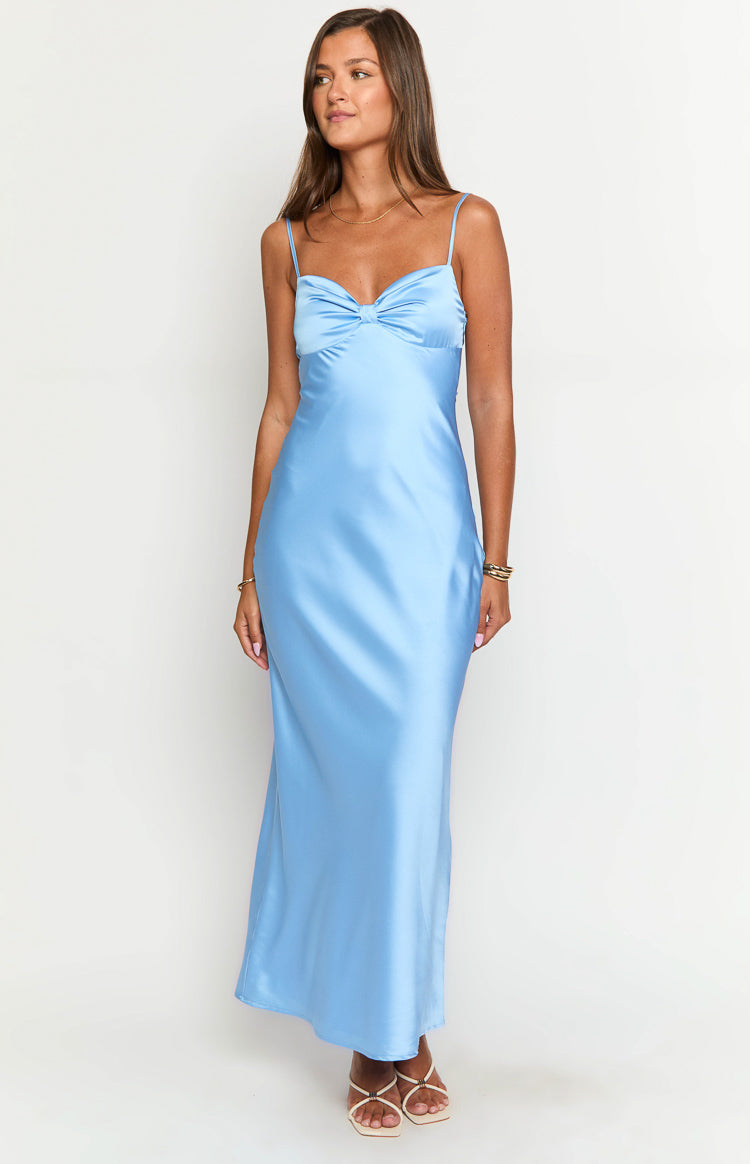 Front view of a light blue satin maxi dress with a gathered sweetheart neckline and thin spaghetti straps