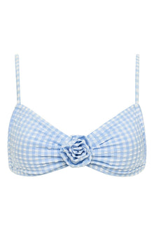 Light blue and white micro gingham bikini top with thin straps and ruched rosette detail at center front.