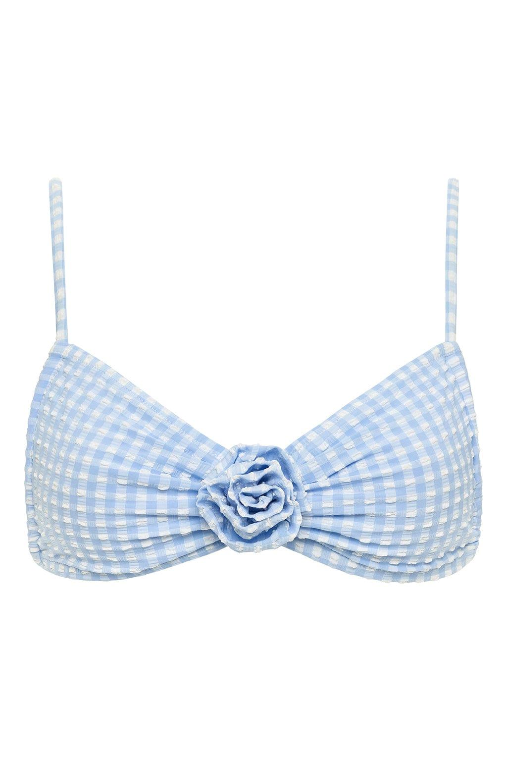 Light blue and white micro gingham bikini top with thin straps and ruched rosette detail at center front.