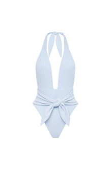 Light blue ribbed one-piece swimsuit with halter neckline and tie-up waist detail.