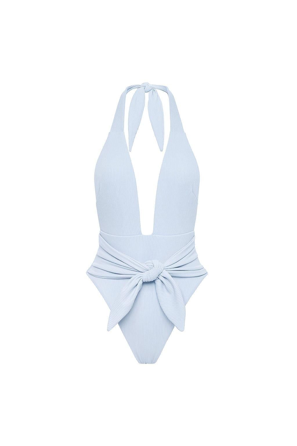 Light blue ribbed one-piece swimsuit with halter neckline and tie-up waist detail.