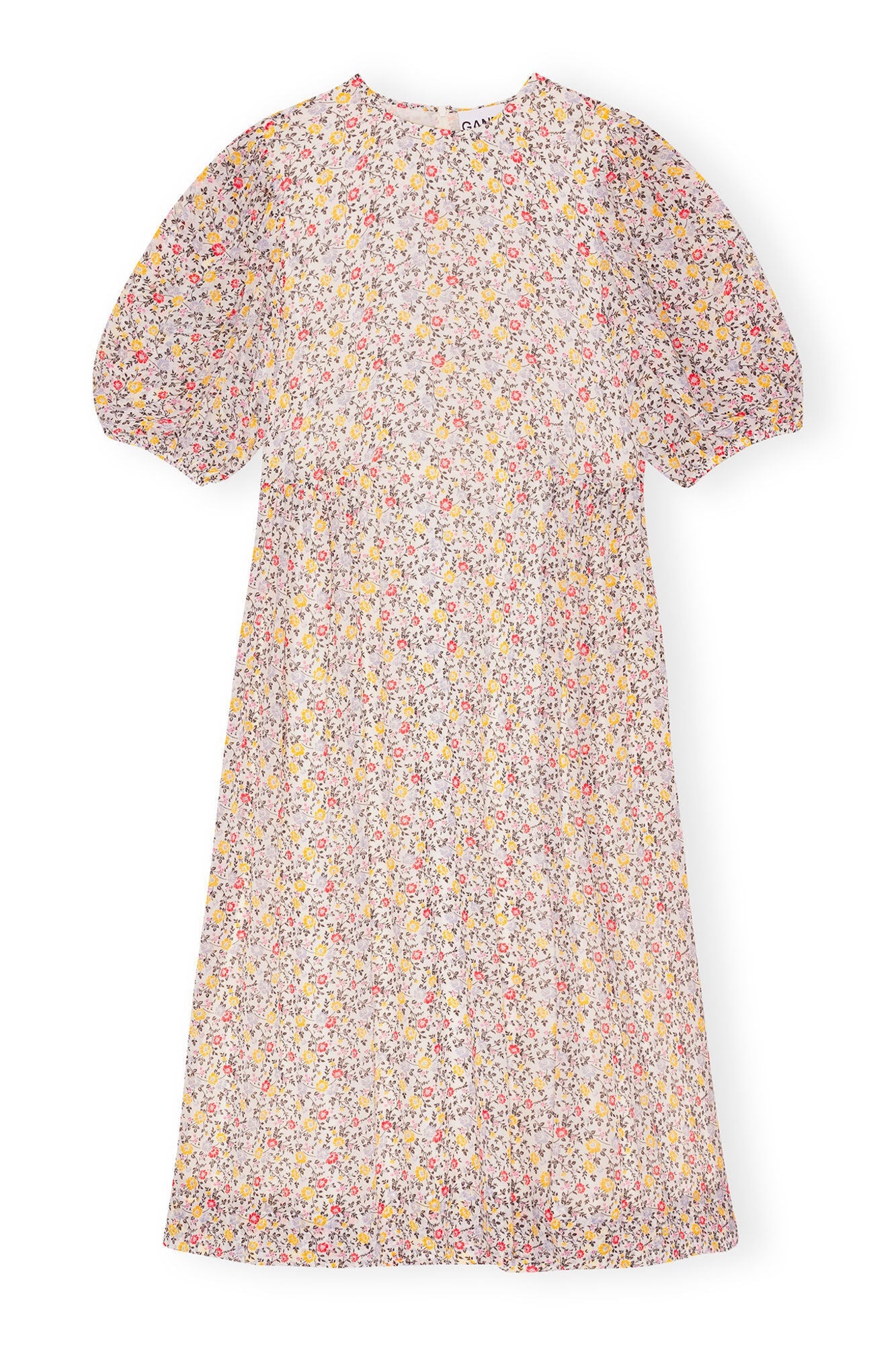 Printed Georgette Puff Sleeve Midi Dress | Egret