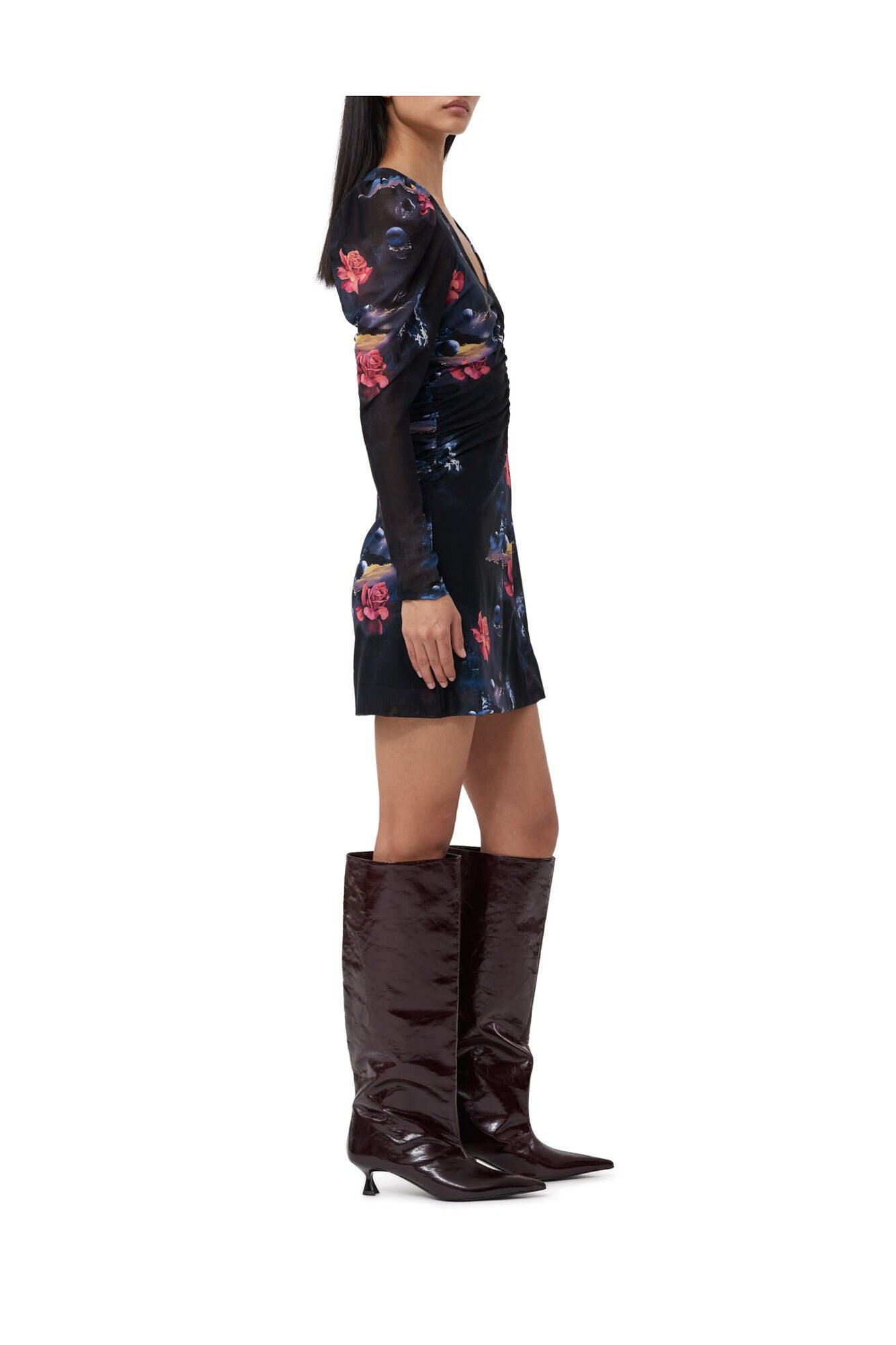 Printed Mesh Gathered Mini Dress | Black
