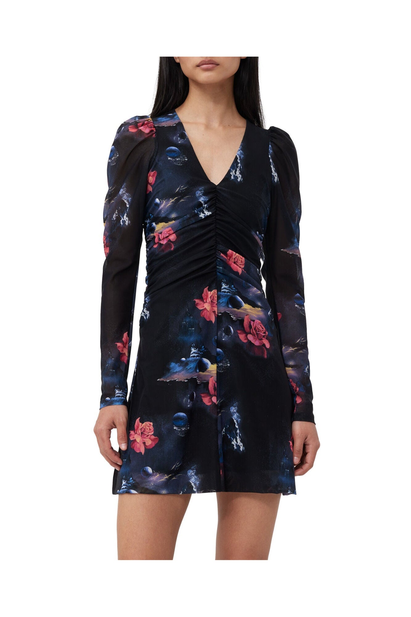Printed Mesh Gathered Mini Dress | Black