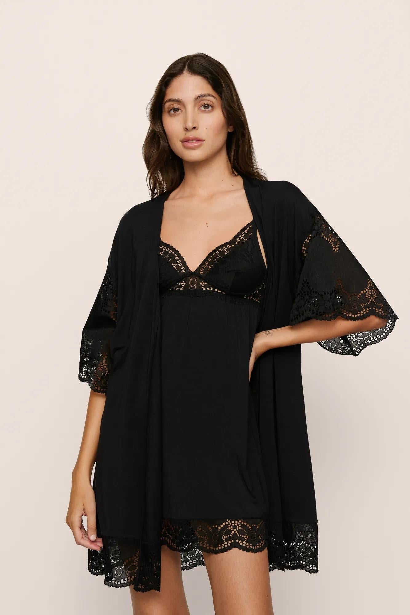 Model is wearing Beatrix TENCEL Modal Robe in Black