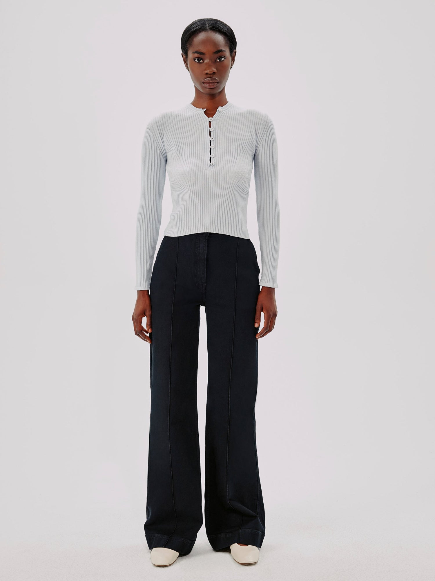 Another Tomorrow Ribbed Henley in Sky – Wool Women's Knitwear