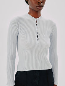 Another Tomorrow Ribbed Henley in Sky – Wool Women's Knitwear