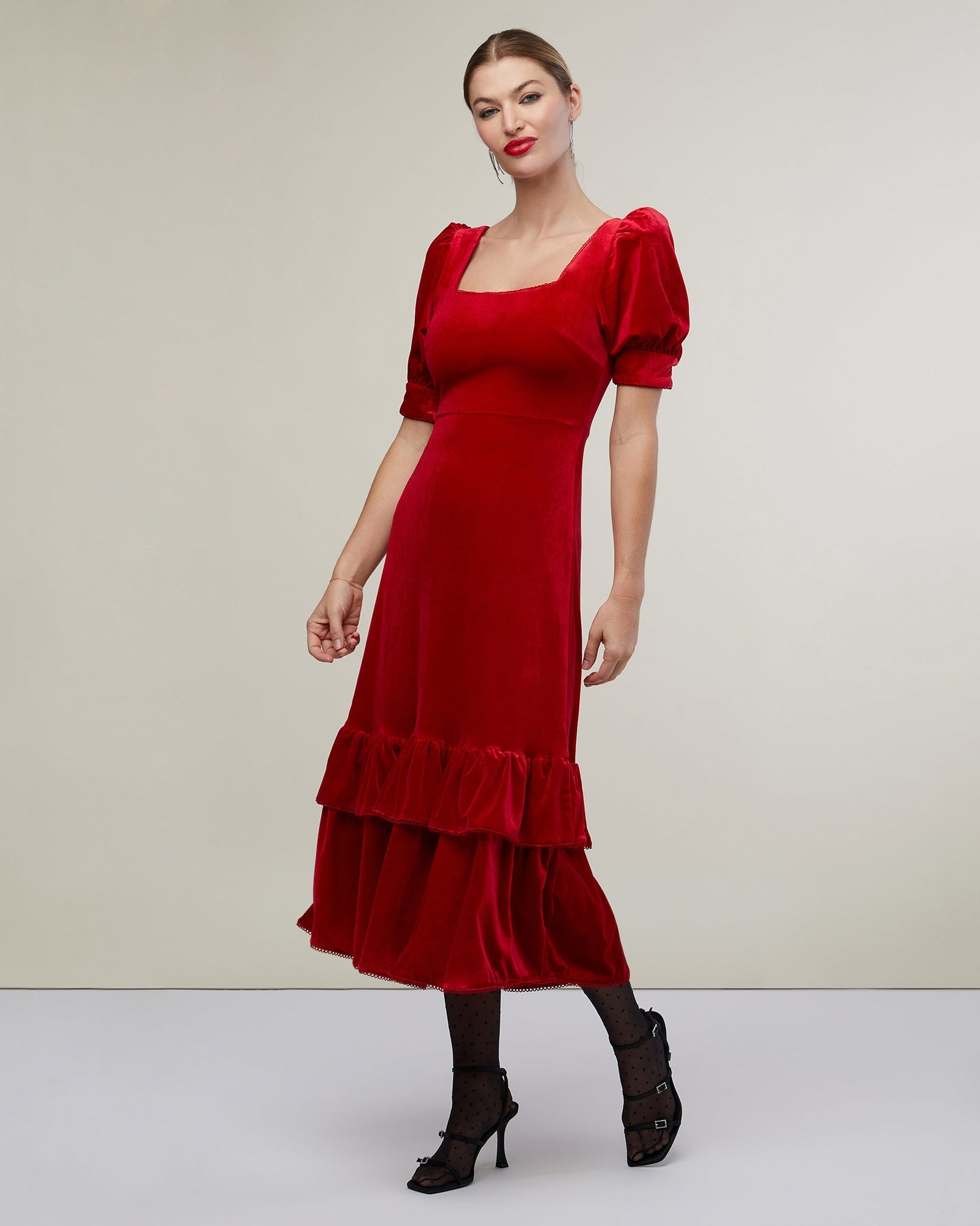 Puff Sleeve Peplum Skirt Midi Dress | Cherry Red