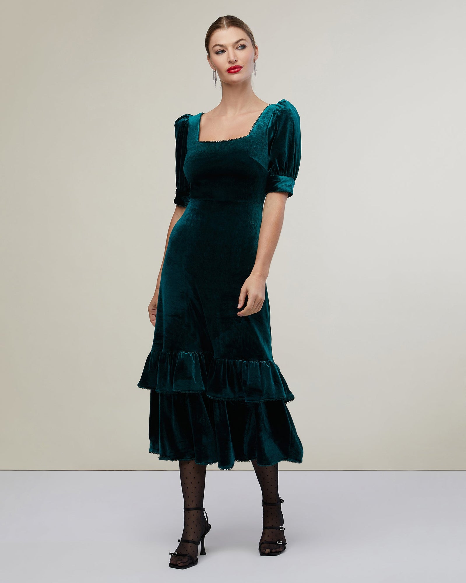 Puff Sleeve Peplum Skirt Midi Dress | Dark Emerald