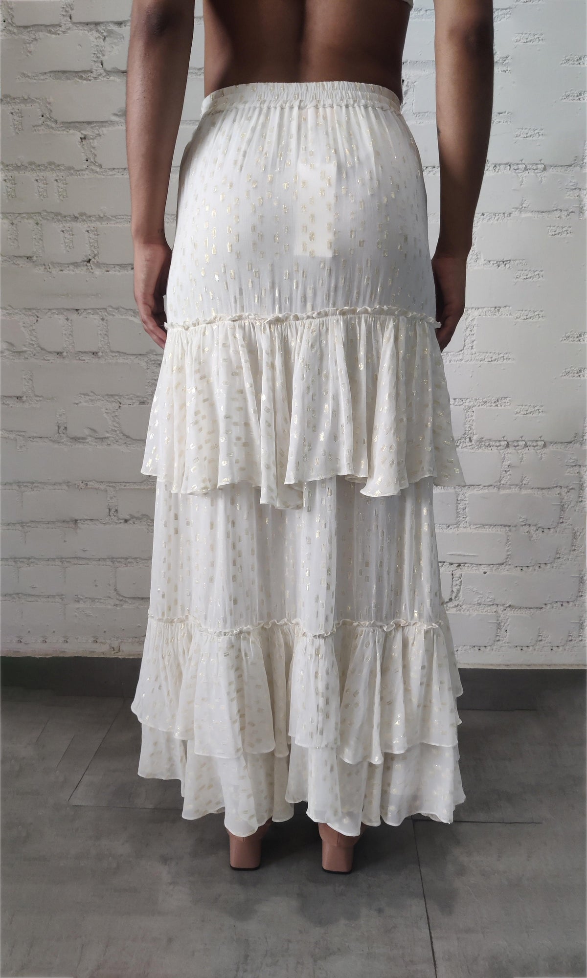 Rococo Sand | Aine Viscose Georgette Gold Dobby Long Skirt | White